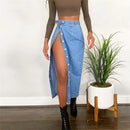 Casual Mid-Length Denim Skirt High Waist A-Line Skirt with Slit for Women Commute Pure Color Long Skirt with Button Detail