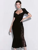 Ticketsx Sexy Lace Dress Set Women Fashion V-Neck See-Through Patchwork Pleated Slim Skirts Set Elegant Party Evening Dress Set