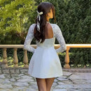 Vestido Mini Feminino com Renda Patchwork e Cintura Franzida - Linha A Costas Abertas Sexy Festa Balada Outono Inverno