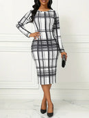 Women's Floral Print Midi Dress Plaid Pattern Ladies Long Skirt