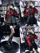 Women‘s Lolita Set Dark Femme Mesh Top & Waist Cinching Skirt, 2025 Autumn Japanese Street Style Coord for Gothic Baddie Fashion