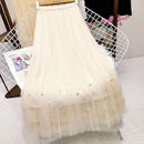 Mesh Plested Skirts Women Chic Pearl Aesthetic Midi Skirt Holiday Sweet Temper Female Spring High Waist Delicate Faldas Largas