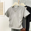 Women's V-Neck Rivet Detail Ruched Short Sleeve T-shirt Casual Slim Fit Crop Top