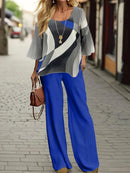 Fashion Top Pants Set Women O Neck Half Sleeve Printed Shirts Solid Color Wide Leg Long Pant Female Spring Clothing