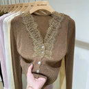 Fashion Women Chic V-Neck Lace Knitted  Cardigan Elegant Shirt Tops