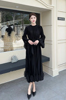 Miyake Pleated Dress Women's 2025 New High-end Solid Color Round Neck Bell Sleeves Ruffled Waist Design Elegant Pleated Skirt