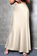Elegant silk-like satin A-line midi skirt with high waist and mermaid tail for women in spring and summer