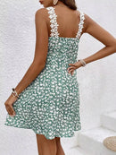 Women Dress Floral Lace Trim Spaghetti Strap A Line Mini Dress Boho Spring Summer Romantic Beach Vacation Flowy Comfy Outfit