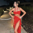 Two Piece Skirt Set for Women Sexy 3D Flower Tube Top High Split Long Maxi Skirt Womens Vacation Outfits