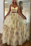 Women Boho 2 Piece Floral Chiffon Maxi Dress Sexy Summer Lace Corset Top & Tiered Flowy Tulle Skirt Set for Prom Wedding Party