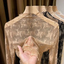 New Women Floral Lace Shirt Spring Autumn Long Sleeve Sexy Mesh Bottoming Shirts Mock Neck Blouse T-Shirt Pullover Top