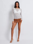 Women Lace Pullover TopS Retro Long Sleeve Round Neck See Through Solid Color Fitted T-Shirts Casual Blouse Streetwear Y2K 2000s