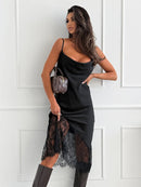 Vestido Longo Feminino com Renda Contrastante e Halter - Sexy Costas Abertas Festa
