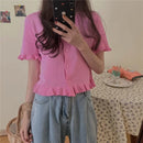 Camiseta Cropped Feminina de Tricô com Decote V e Manga Curta - Top Curto Casual Verão