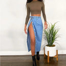 Casual Mid-Length Denim Skirt High Waist A-Line Skirt with Slit for Women Commute Pure Color Long Skirt with Button Detail