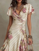 Boho Style Elegant Floral Print Long Dress Woman Spring V Neck High Waist Party Dress Summer Short Sleeve Zip Maxi Dress Vestido