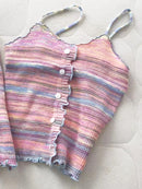 2024 New Stripe Print Spaghetti Strap Top Casual Ruffle Trim Button Front Knit Cami Top For Summer Women's Clothing
