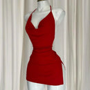 Vestido Mini Feminino Vermelho com Bandagem e Decote V - Irregular Slim Sexy Moda Coreana Noite