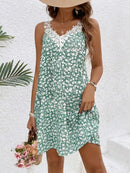 Women Dress Floral Lace Trim Spaghetti Strap A Line Mini Dress Boho Spring Summer Romantic Beach Vacation Flowy Comfy Outfit