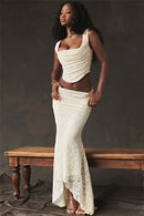 Lace Bandage 2 Piece-Set Long Skirt Female Patchwork Fashion Backless High Waist Elegant Lace-Up Maxi Skirt Sets Outfits