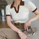 Top Tricô Feminino Manga Curta Decote V - Slim Elegante Casual Verão 2025