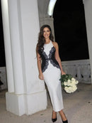 Vestido Longo Feminino com Renda Contrastante e Halter - Sexy Costas Abertas Festa