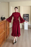 Miyake Pleated Dress Women's 2025 New High-end Solid Color Round Neck Bell Sleeves Ruffled Waist Design Elegant Pleated Skirt