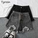 Denim Shorts Women High Waist Slender Korean Fashion Summer Frayed Buttons Zipper Tassel Loose Solid All-match Streetwear Chic