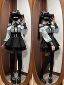Women‘s Lolita Set Dark Femme Mesh Top & Waist Cinching Skirt, 2025 Autumn Japanese Street Style Coord for Gothic Baddie Fashion