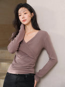 Elegant Ruched Cross V Neck Knit Top Slim Fit Long Sleeve Shirt for Women Chic Casual Early Spring Daily Base Layer Style Lady