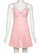 Vestido Mini Feminino Bodycon com Renda Patchwork e Laço - Sexy Sem Manga Costas Abertas Amarrão Slim Festa Clube