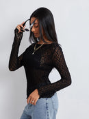 Women Lace Pullover TopS Retro Long Sleeve Round Neck See Through Solid Color Fitted T-Shirts Casual Blouse Streetwear Y2K 2000s