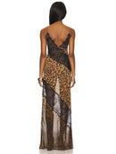 Vestido Maxi Feminino com Estampa de Leopardo e Alças - Sexy See Through Sem Manga Costas Abertas Praia Clube