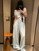 Elegant White Wide Leg Pants Women Fashion Streetwear Linen Black Baggy Pants Summer Korean High Waist Casual Straight Trousers