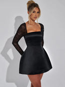 Vestido Mini Feminino com Brilho e Manga Longa - Sexy Costas Abertas Amarrão Cintura Alta Clube Festa