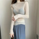 New Women Floral Lace Shirt Spring Autumn Long Sleeve Sexy Mesh Bottoming Shirts Mock Neck Blouse T-Shirt Pullover Top