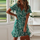 Boho Floral skirt Print Ruffles Women Dress Summer Sexy V Neck Short Sleeve A Line Chiffon Mini Dresses Beach Sundress