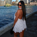 Vestido Mini Feminino com Estampa de Bolinhas e Amarração - Sexy Sem Manga Slim Patchwork Costas Abertas