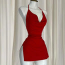 Vestido Mini Feminino Vermelho com Bandagem e Decote V - Irregular Slim Sexy Moda Coreana Noite