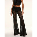 Womens Elegant Sheer Floral Lace See-through Long Pants Elastic High Waist Trendy Wide Leg Flared Trousers Streetwear