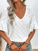 Women's Knit Embroidered Openwork Ruffled V-Neck Short-Sleeve Top / Women's T-Shirt / Spring/Fall / European & US Sizes