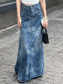 Floral Denim Midi Skirt for Women in Summer  Thin and High Waisted A-line Long Skirt  Loose and Slimming  Big Swing Skirt