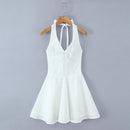 Vestido Mini Feminino Branco com Halter e Decote V - Sexy Costas Abertas Amarrão Evasê Festa Verão