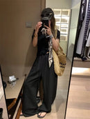 Elegant White Wide Leg Pants Women Fashion Streetwear Linen Black Baggy Pants Summer Korean High Waist Casual Straight Trousers
