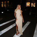 Women Elegant Pleated Irregular Slim Long Skirt Sexy Solid Backless Off-shoulder Dress New Dating Party Festival Club Prom Gown