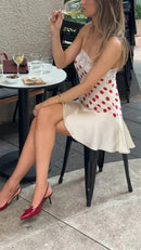 Vestido Mini Feminino Vermelho com Poa e Alças de Cetim - Sexy Sem Manga Costas Abertas Slim Praia Clube