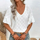 Women's Knit Embroidered Openwork Ruffled V-Neck Short-Sleeve Top / Women's T-Shirt / Spring/Fall / European & US Sizes