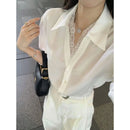 Elegant Lace Trim Blouse Women Spring Autumn Single Button Pure Desire Long Sleeve Top