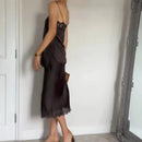 Tidalyf 2025 Women Two Piece Skirt Set Off Shoulder Lace Trim Cami Top with Split Hem Midi Skirt Sexy Elegant Outfit
