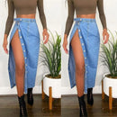 Casual Mid-Length Denim Skirt High Waist A-Line Skirt with Slit for Women Commute Pure Color Long Skirt with Button Detail